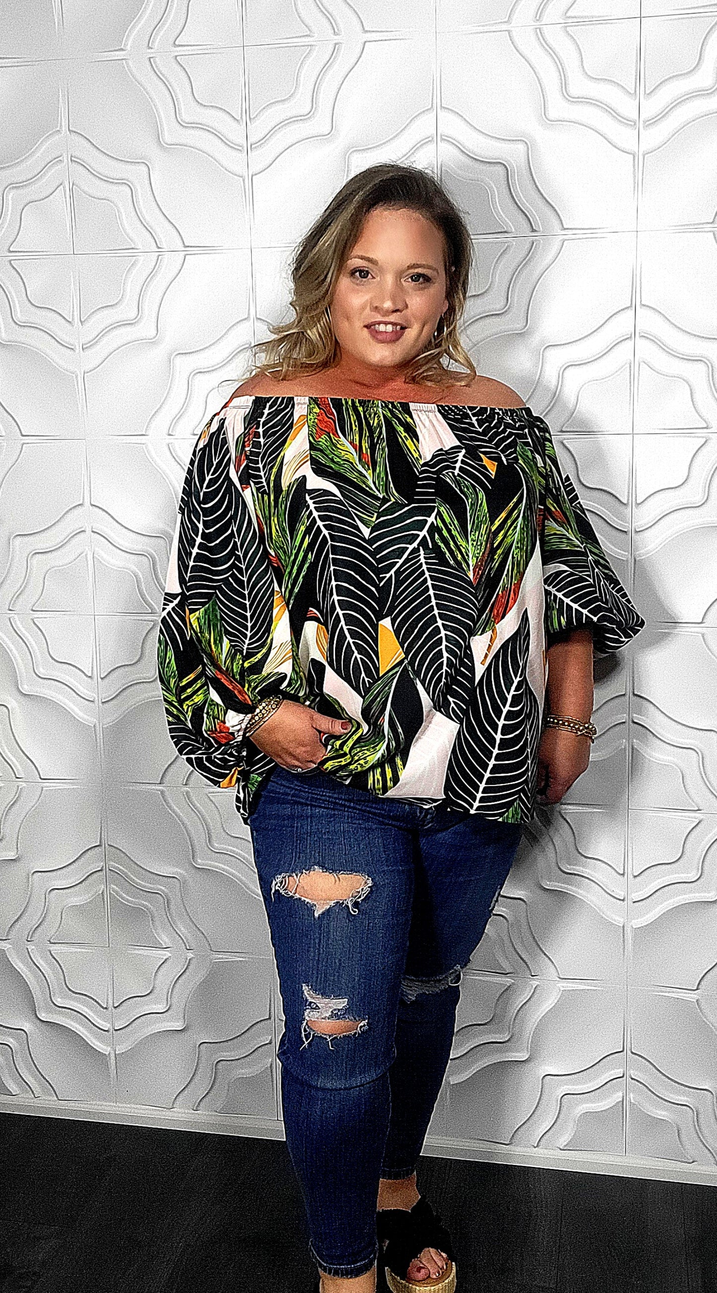 Take Me to Paradise Tropical Print Off Shoulder Top